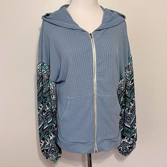 Baea Blue Floral Balloon Sleeve Thermal Knit Full Zip Hoodie Size Large NWT - Picture 5 of 13